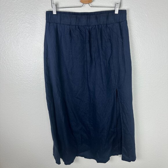 Quince 100% European Linen Maxi Skirt L Deep Navy Minimalist Modest Side Slit - Picture 2 of 10